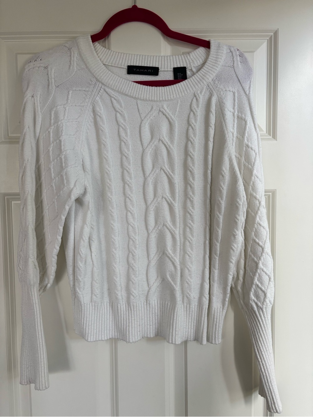 Tahari White Cable-Knit Scoop Neck Sweater